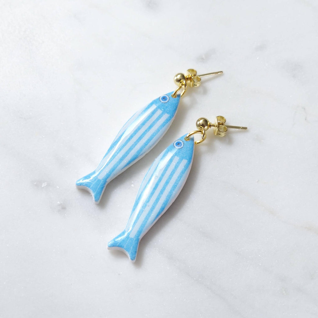 Aqua Blue Striped Fish Polymer Clay Earrings