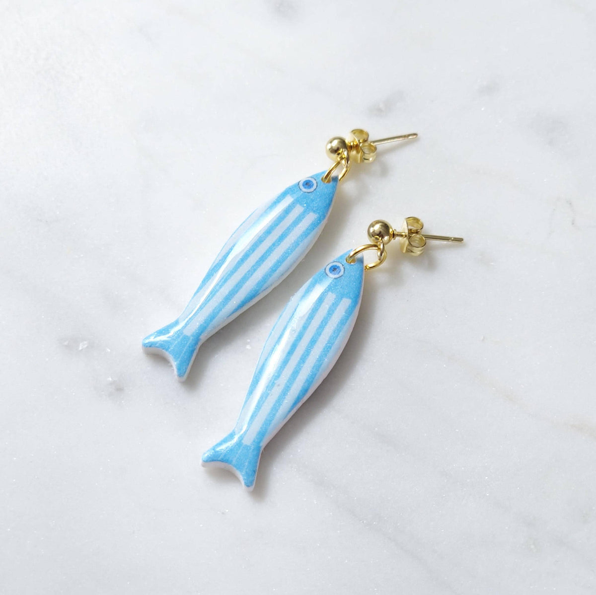 Aqua Blue Striped Fish Polymer Clay Earrings