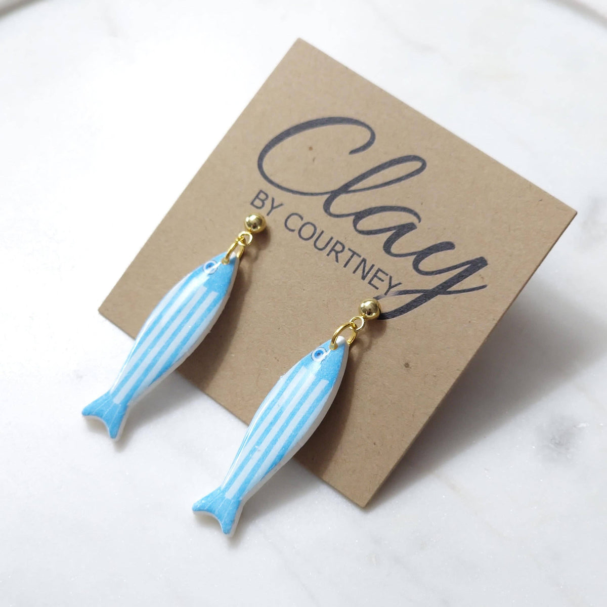 Aqua Blue Striped Fish Polymer Clay Earrings