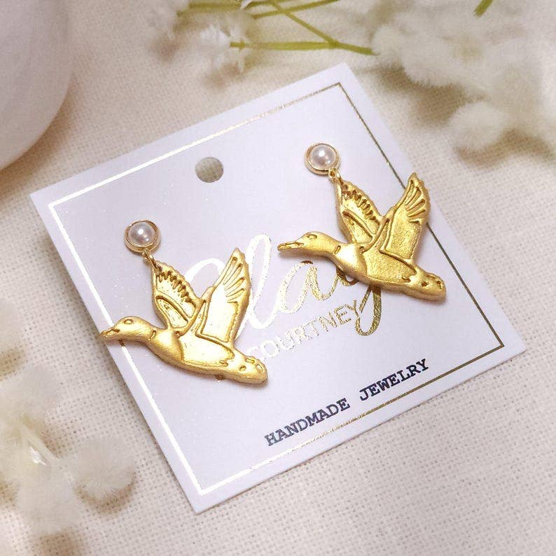 Gold Flying Duck Polymer Clay Earrings, Pearl Studs