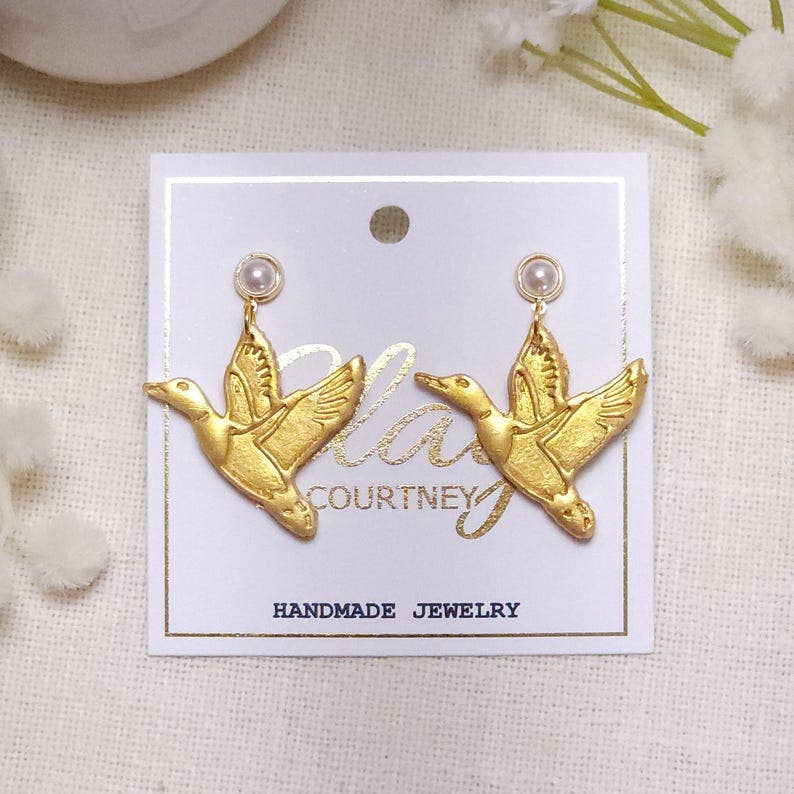 Gold Flying Duck Polymer Clay Earrings, Pearl Studs