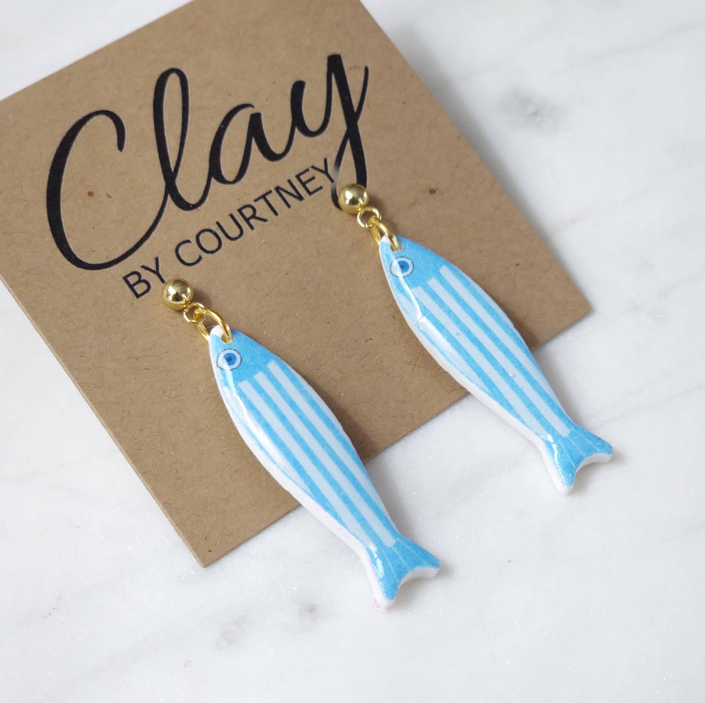 Aqua Blue Striped Fish Polymer Clay Earrings