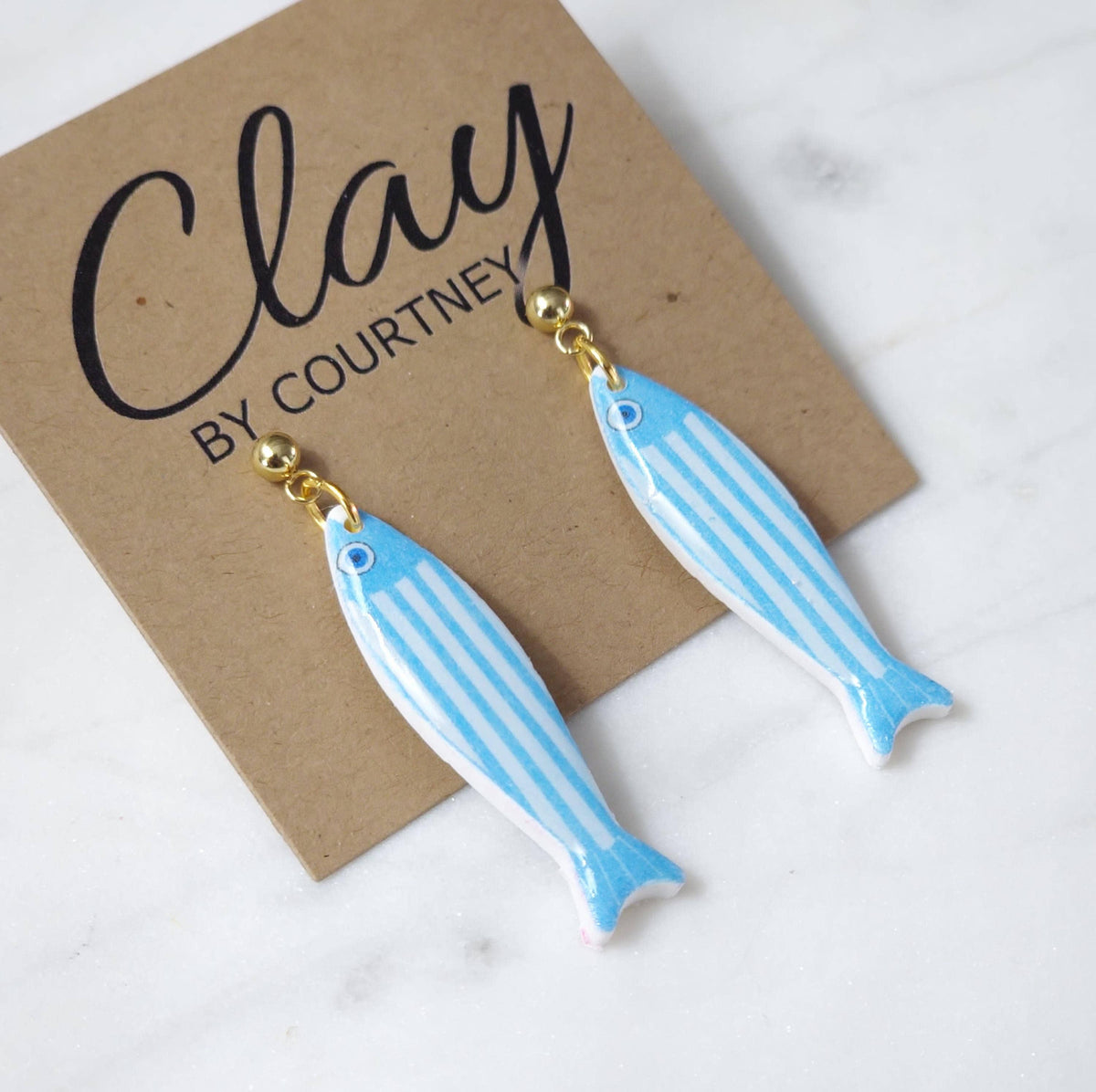 Aqua Blue Striped Fish Polymer Clay Earrings