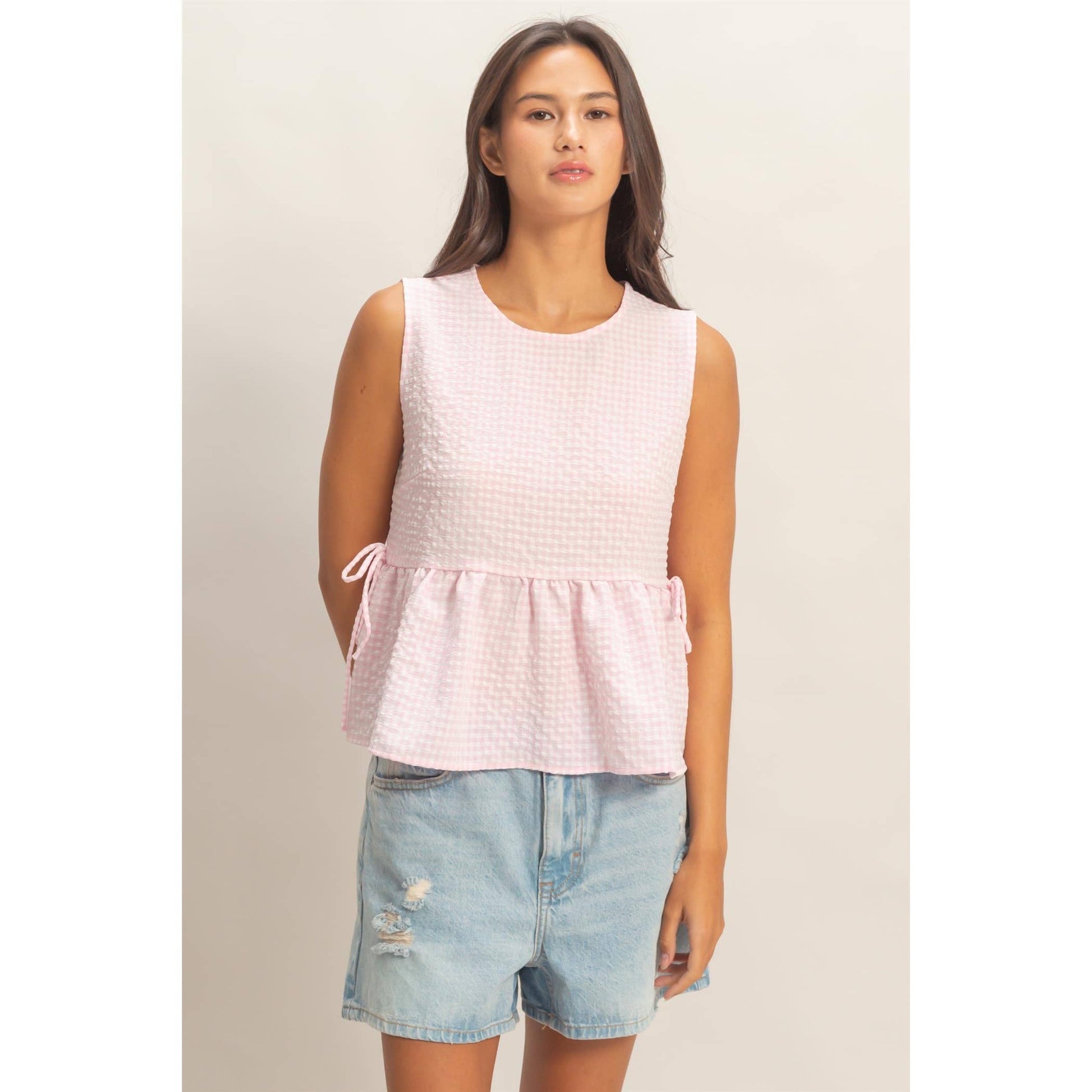 Gingham Sleeveless Peplum Top With Side Ties