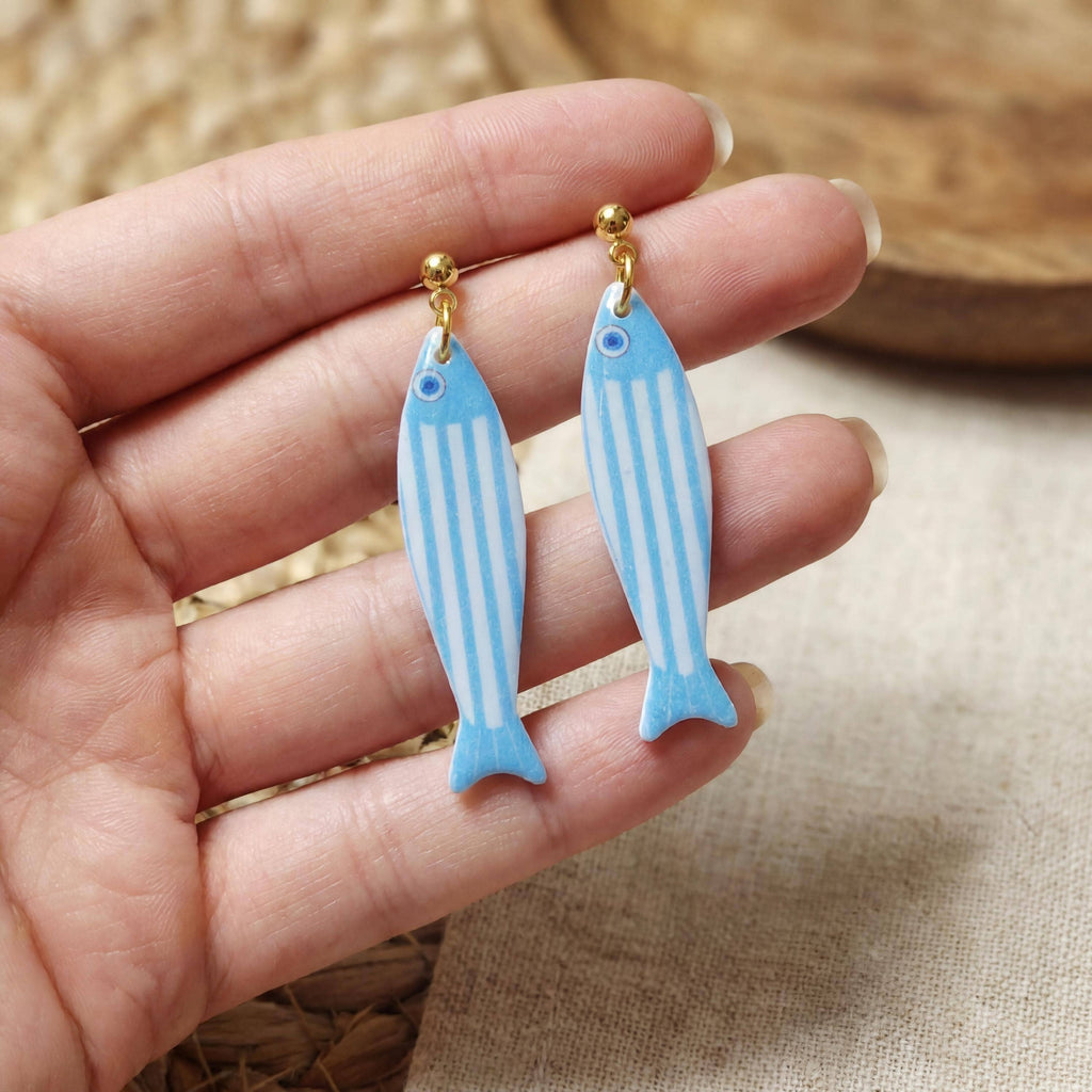 Aqua Blue Striped Fish Polymer Clay Earrings