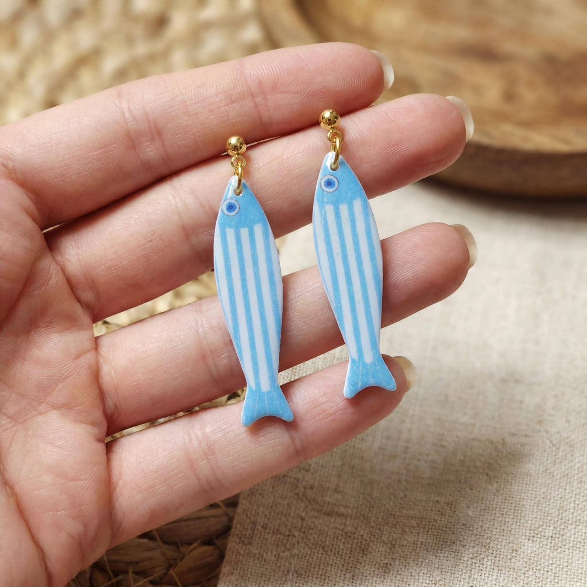 Aqua Blue Striped Fish Polymer Clay Earrings
