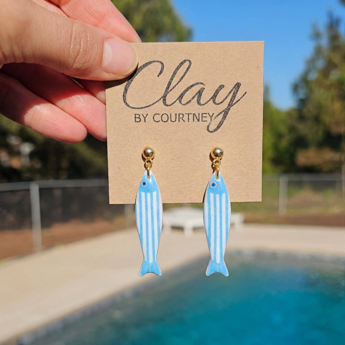 Aqua Blue Striped Fish Polymer Clay Earrings