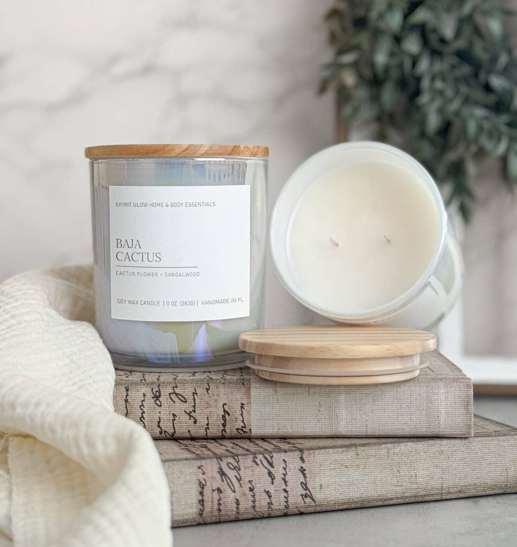 Baja Cactus - 11 oz. Iridescent White Glass Soy Candle 