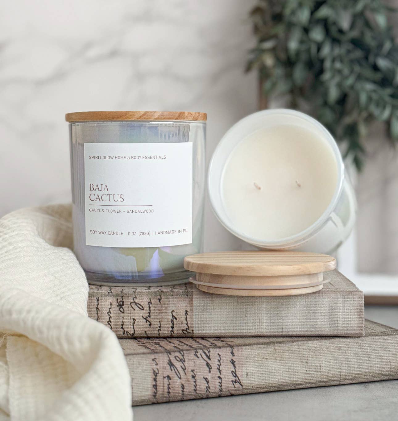 Baja Cactus - 11 oz. Iridescent White Glass Soy Candle 