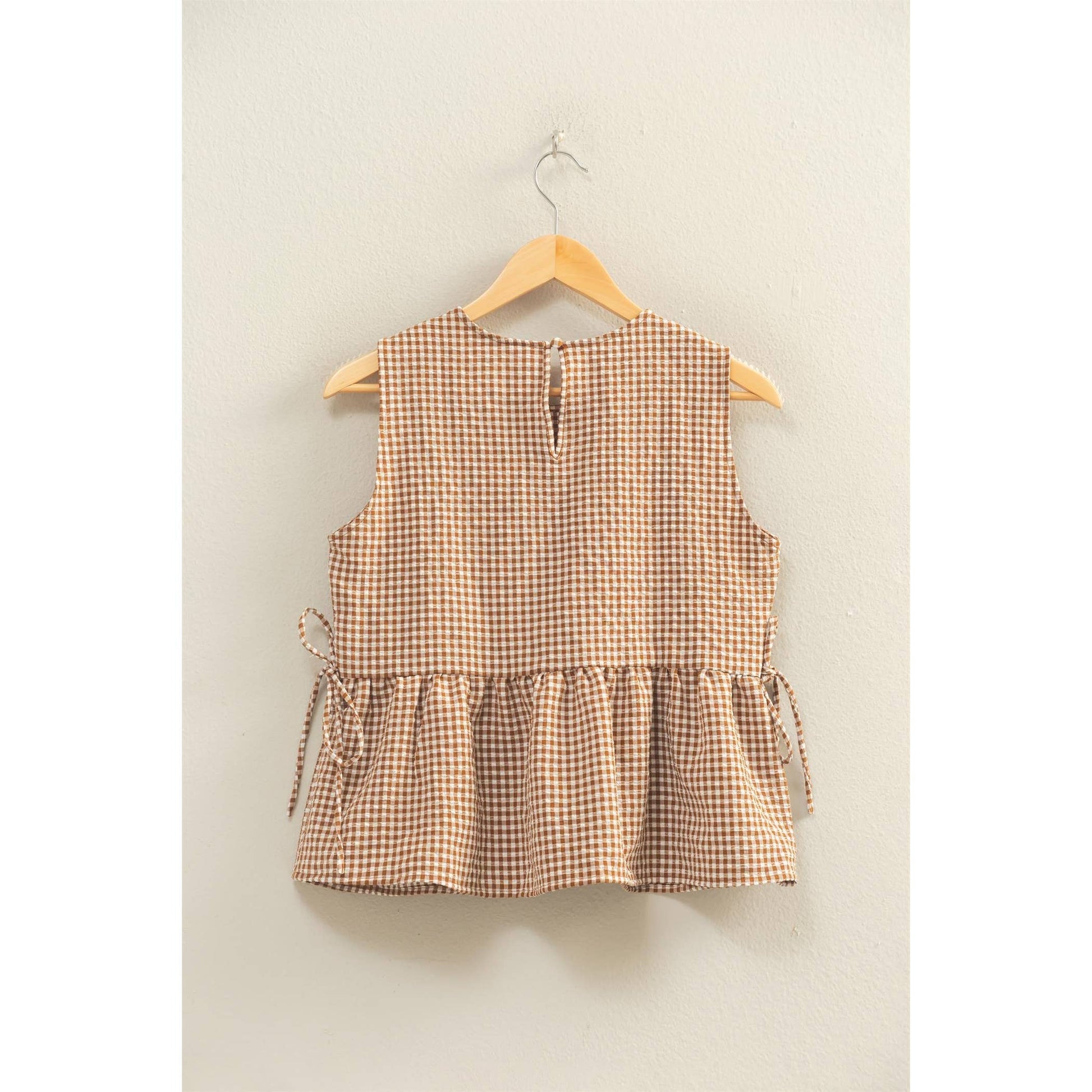 Gingham Sleeveless Peplum Top With Side Ties