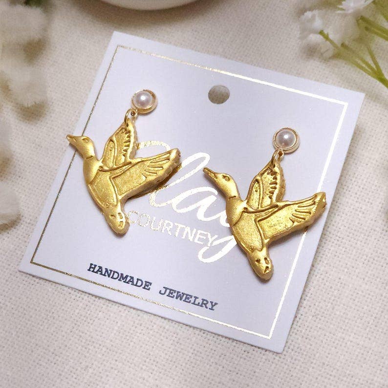 Gold Flying Duck Polymer Clay Earrings, Pearl Studs