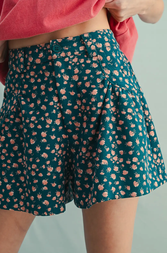 Floral Wide-Leg Shorts (Teal/Blush)