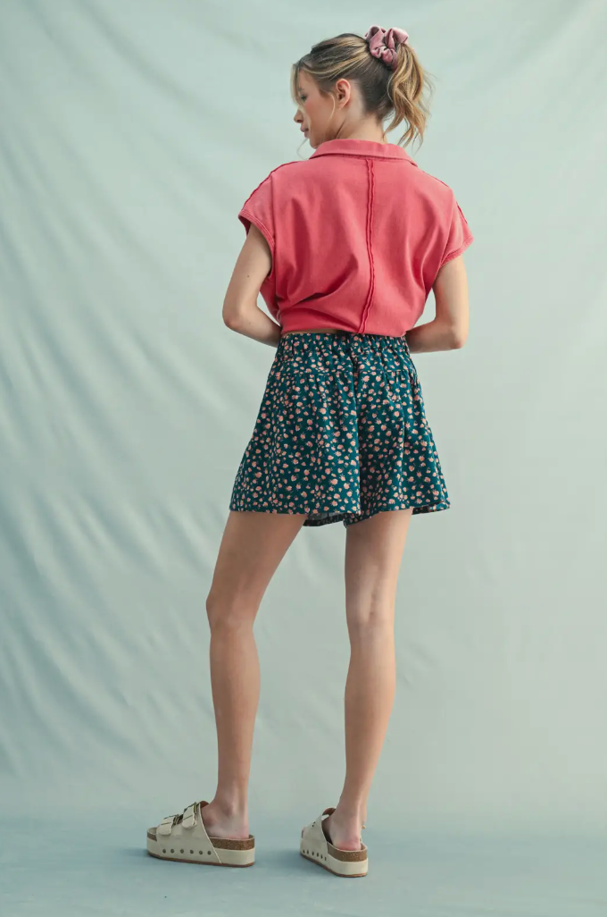 Floral Wide-Leg Shorts (Teal/Blush)