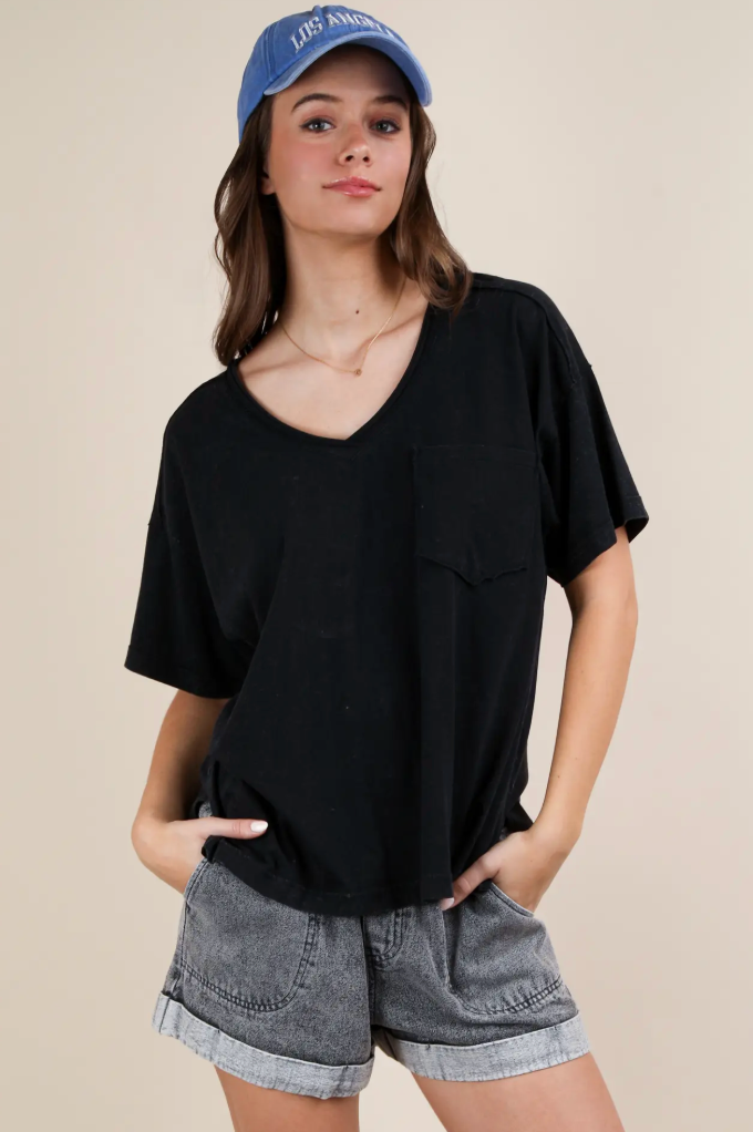 Plus Size - Black Mineral Washed V-Neck