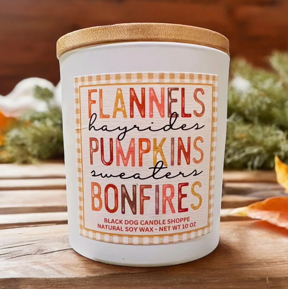 Flannels, Pumpkins and Bonfires Candle - White, Hello Fall