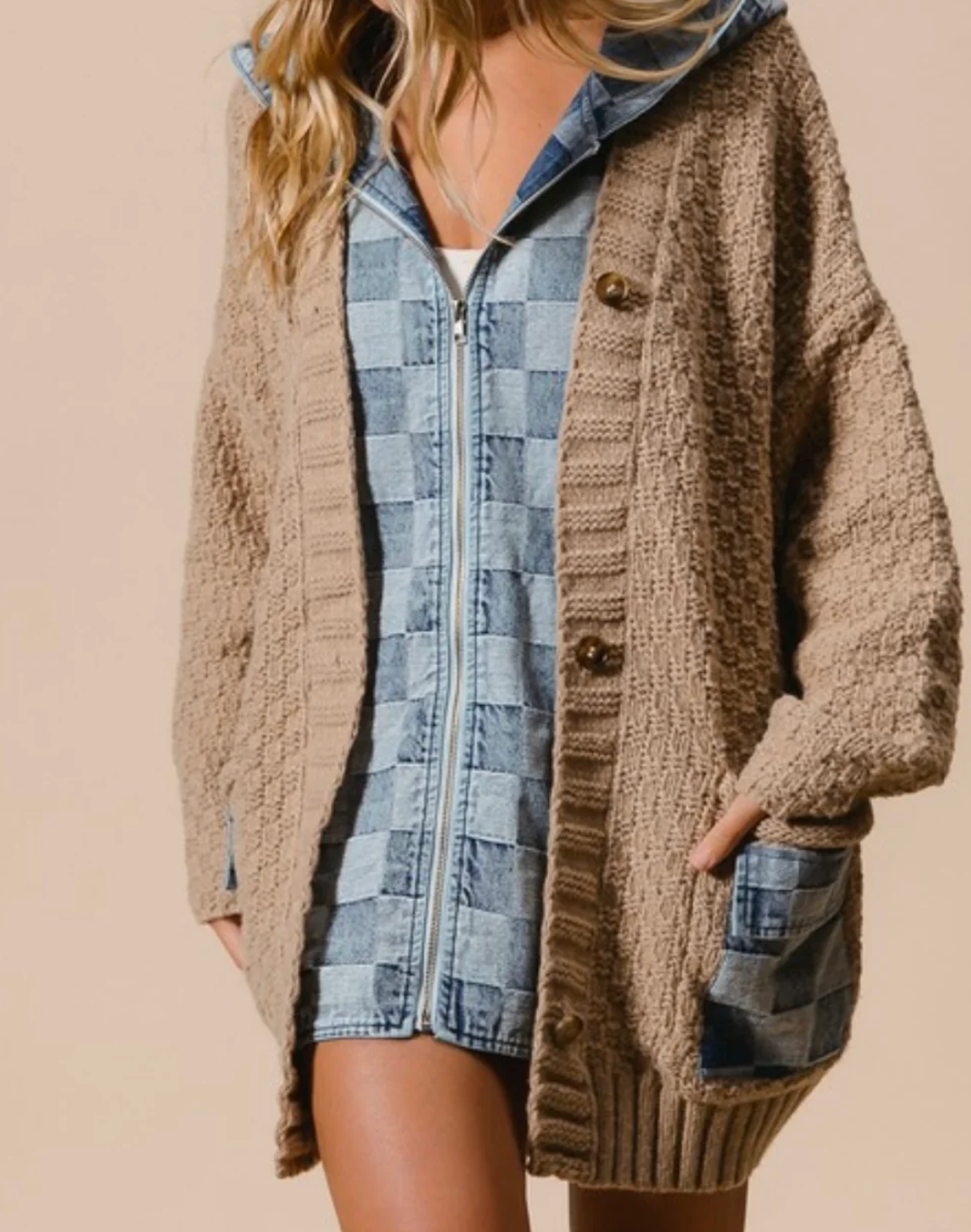 Urban Check Denim Zip Cardigan