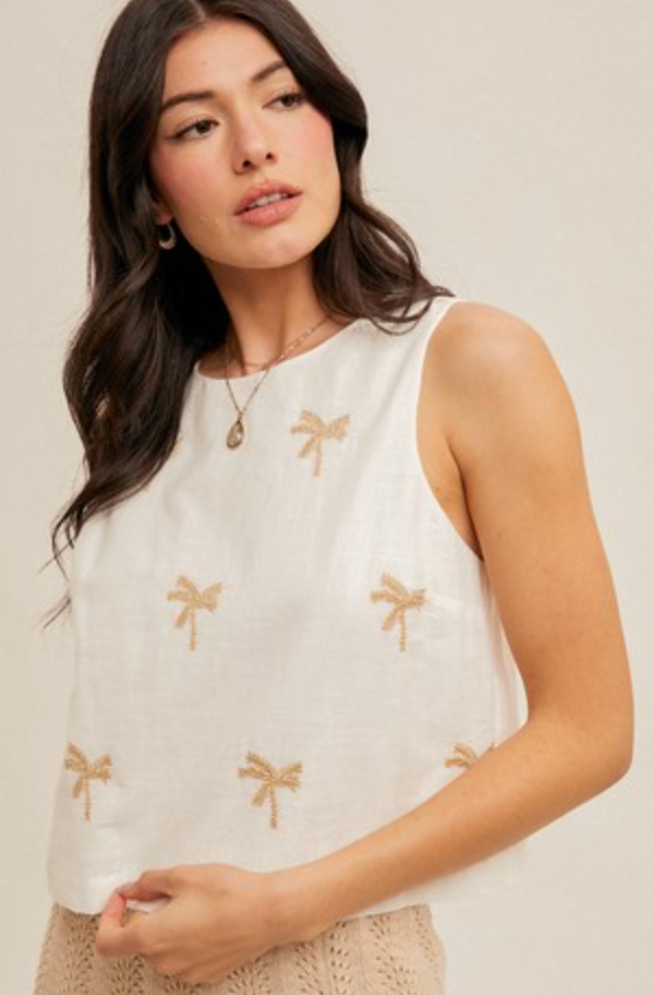 Palm Tree Embroidered Linen Tank Top