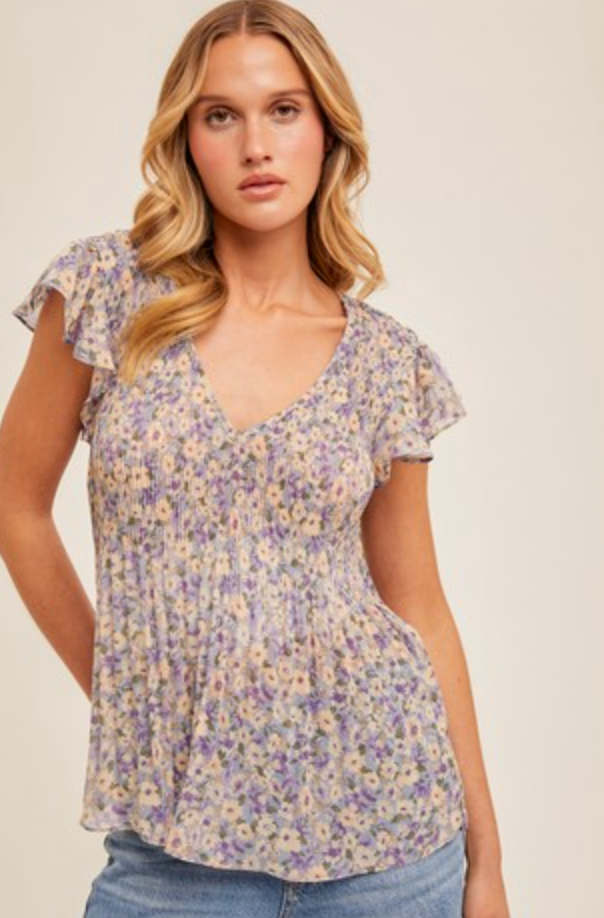 Pleated Chiffon Ruffle Sleeve Top