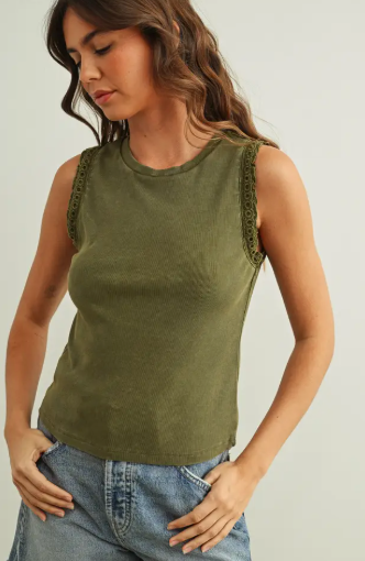 Ruffle Trim Ribbed Tank
