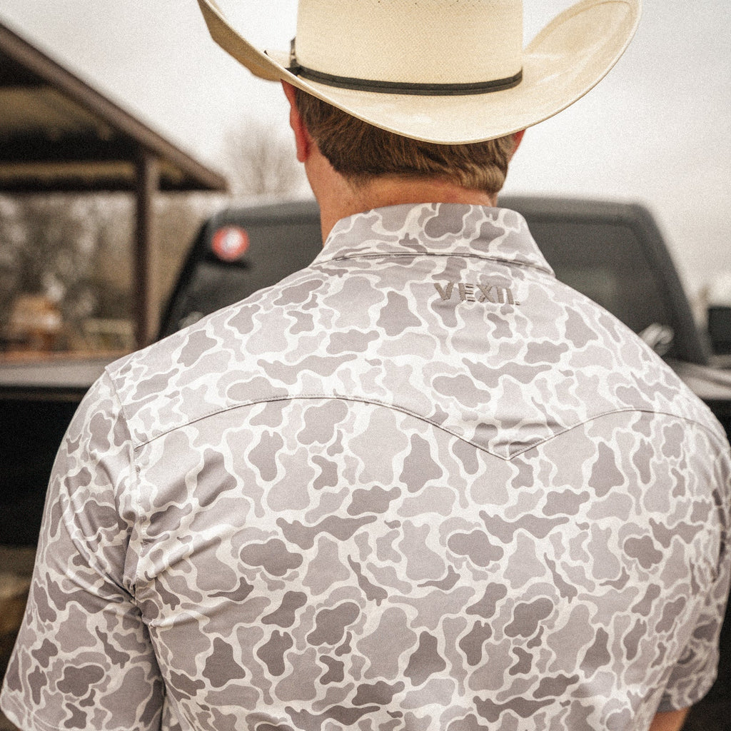 Vexil Brand – Western Pearl Snap Polo - Retro Camo | White