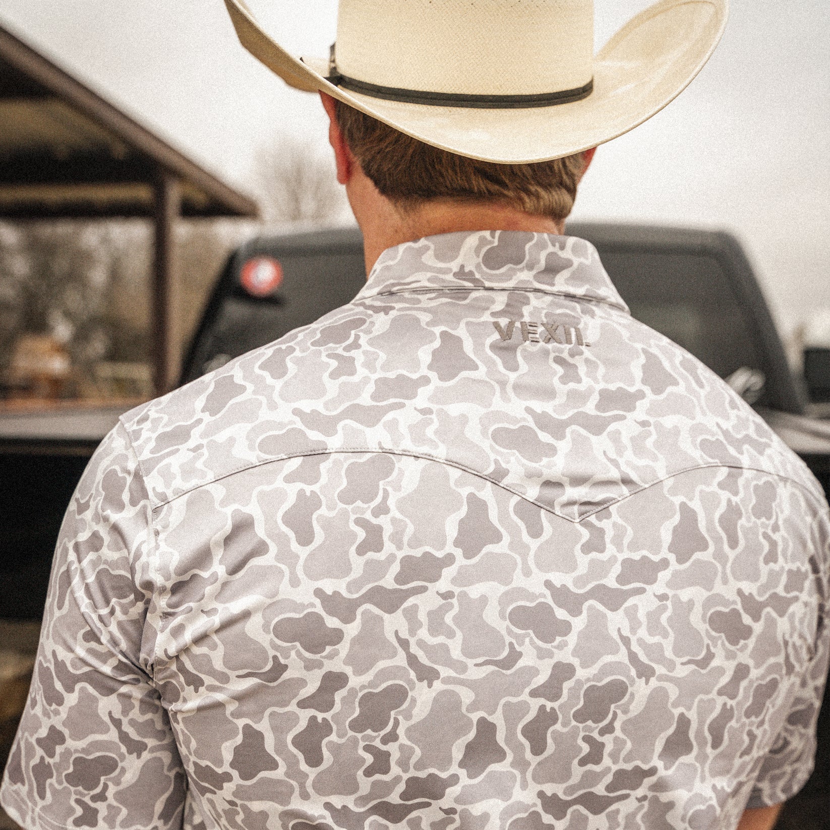 Vexil Brand – Western Pearl Snap Polo - Retro Camo | White