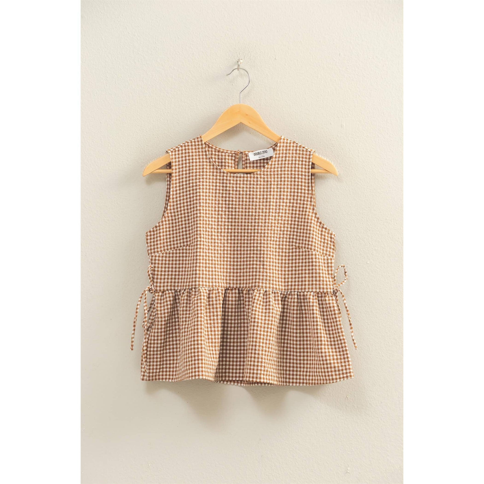 Gingham Sleeveless Peplum Top With Side Ties