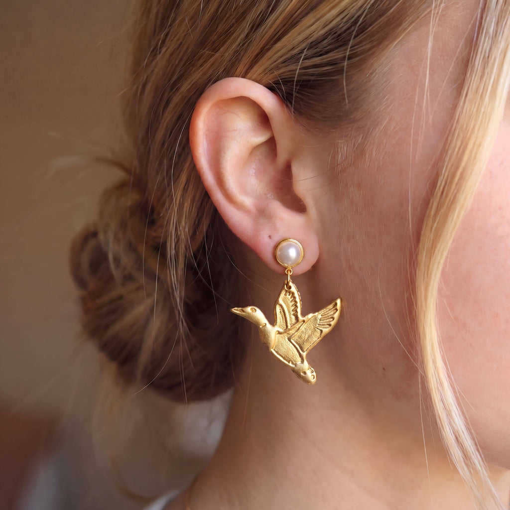 Gold Flying Duck Polymer Clay Earrings, Pearl Studs