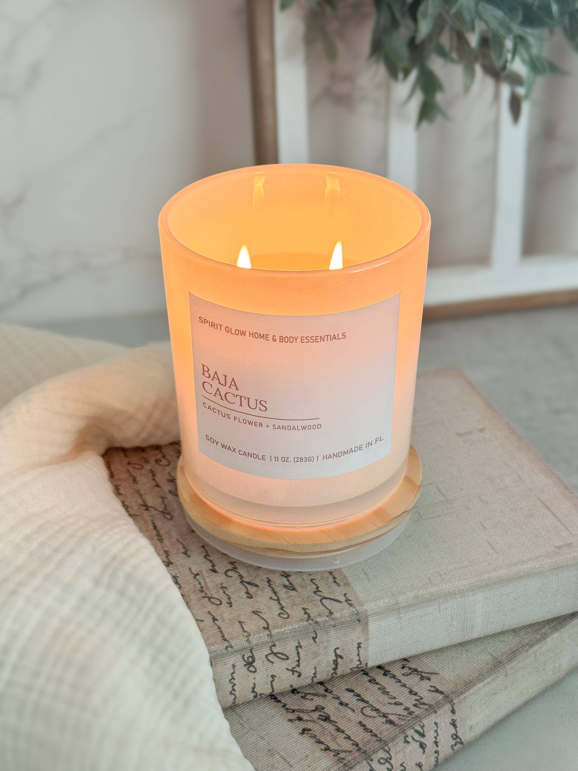 Baja Cactus - 11 oz. Iridescent White Glass Soy Candle 