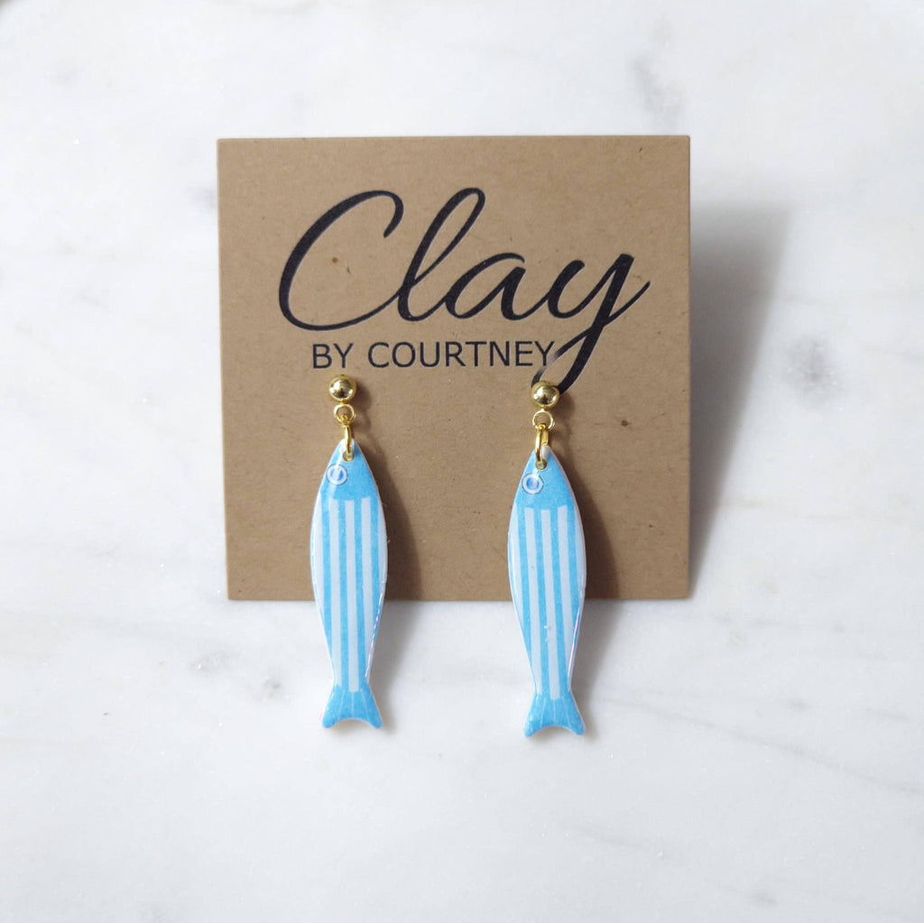 Aqua Blue Striped Fish Polymer Clay Earrings