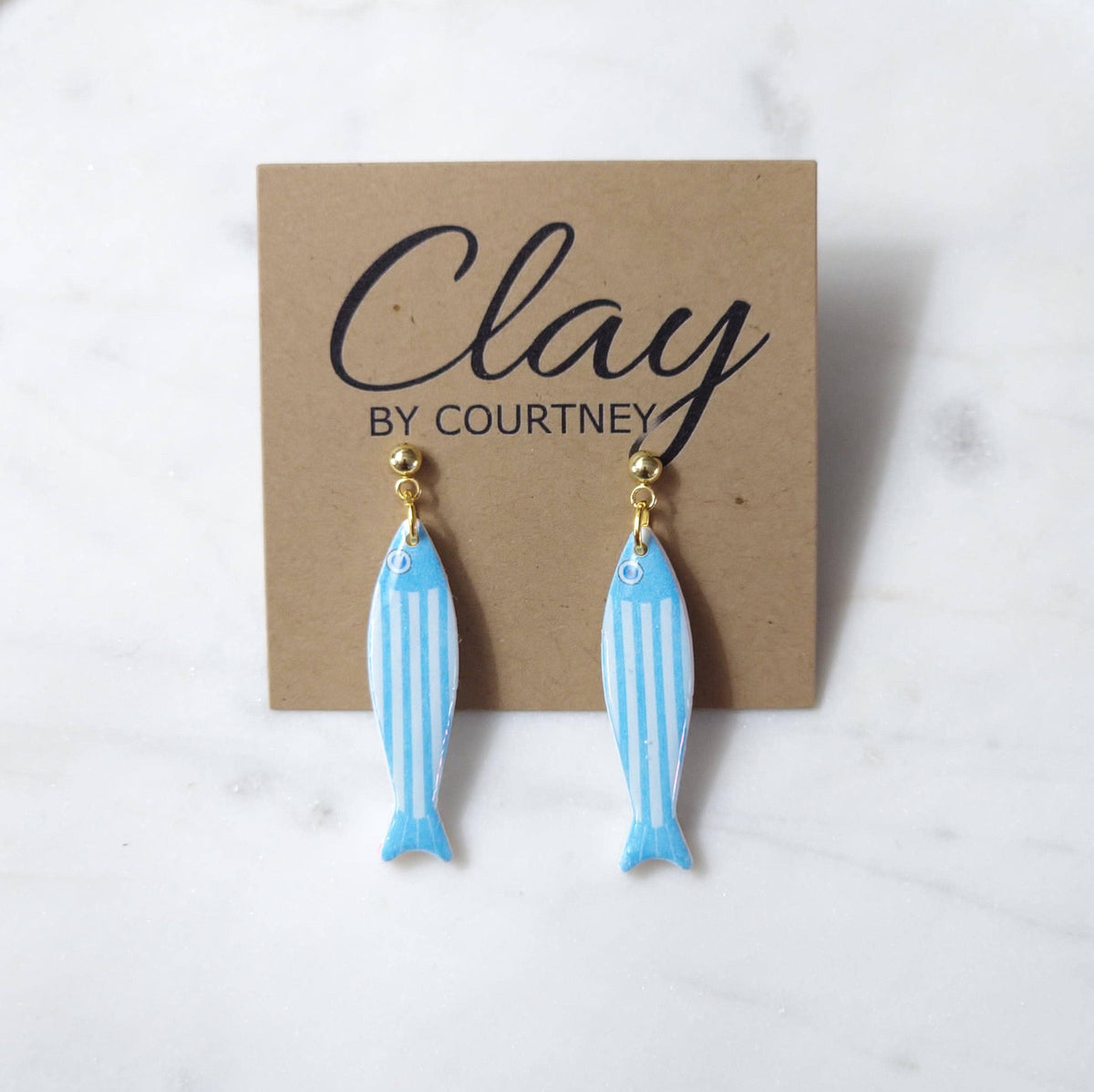 Aqua Blue Striped Fish Polymer Clay Earrings
