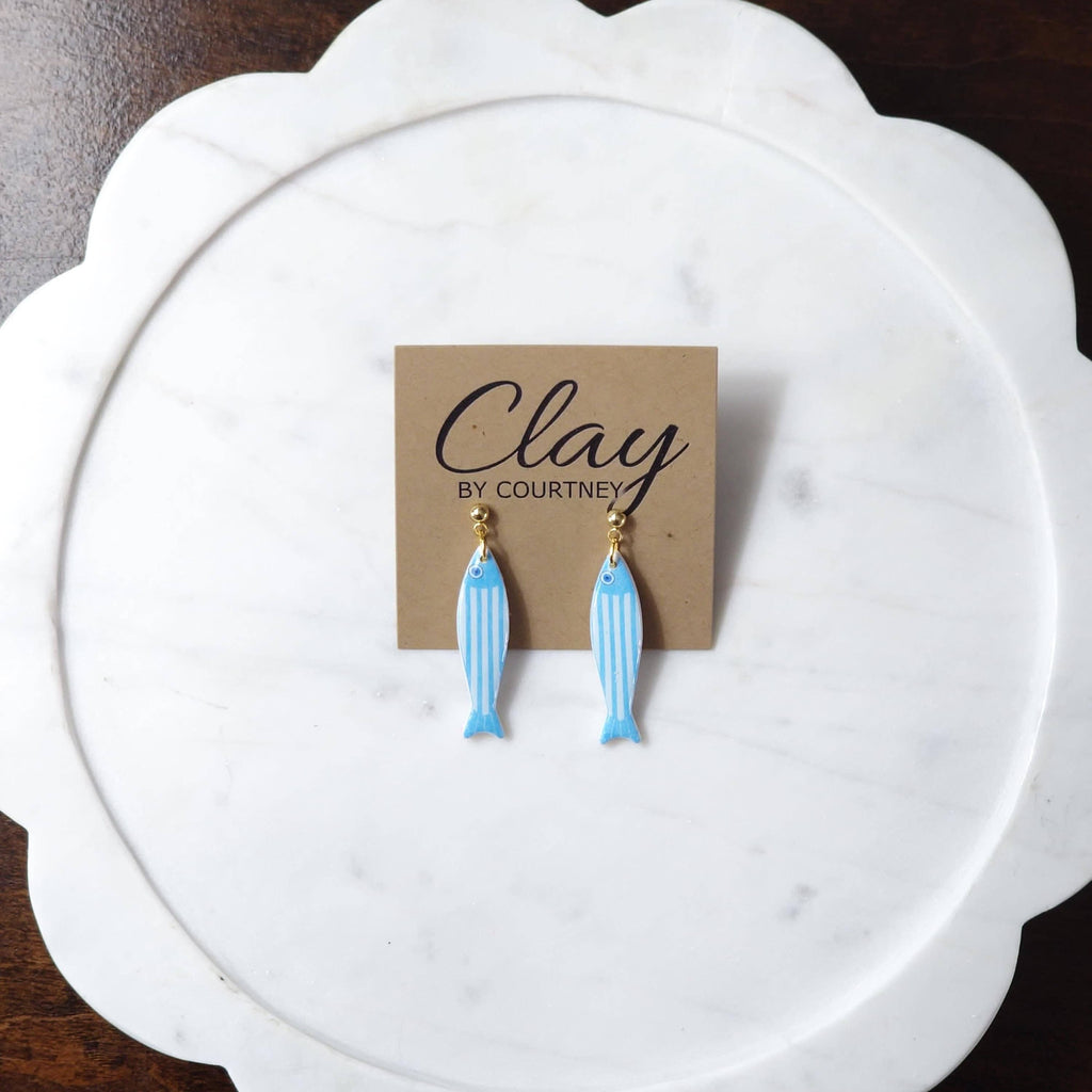 Aqua Blue Striped Fish Polymer Clay Earrings